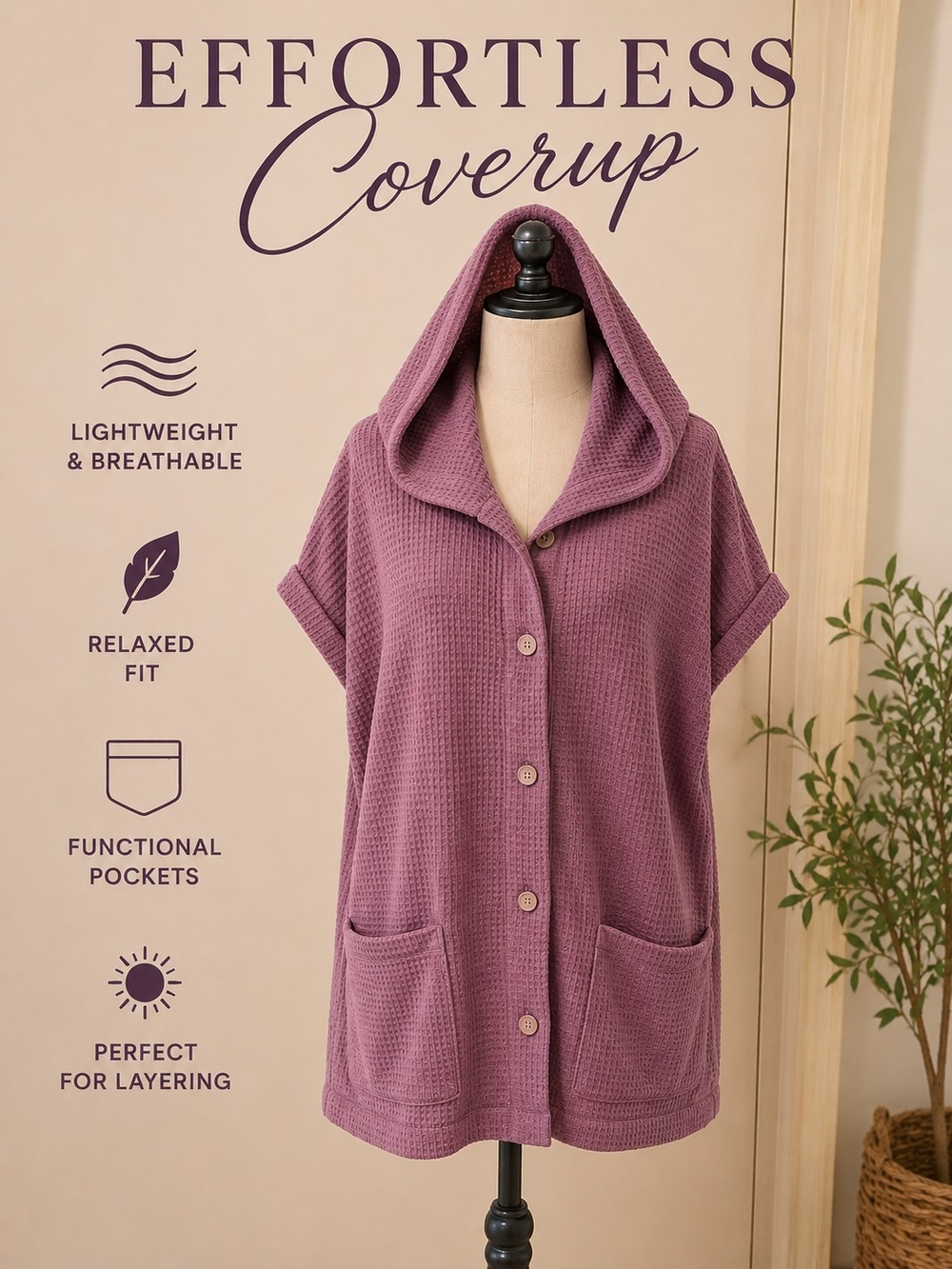 Hooded Waffle Knit Coverup in Mauve